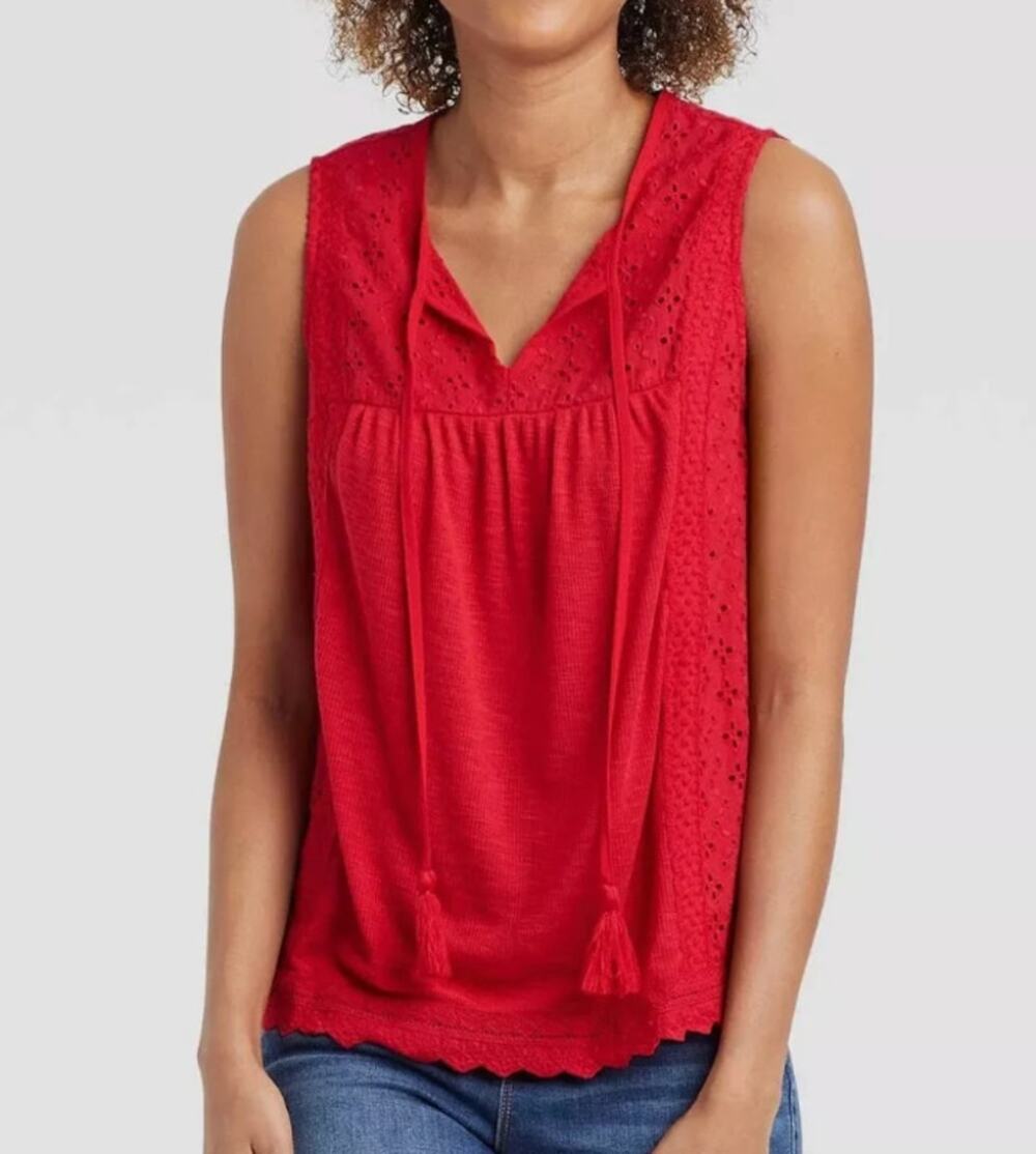 Knox Rose Eyelet Lace Rib Knit Tank Top-Rebel Red, 3x